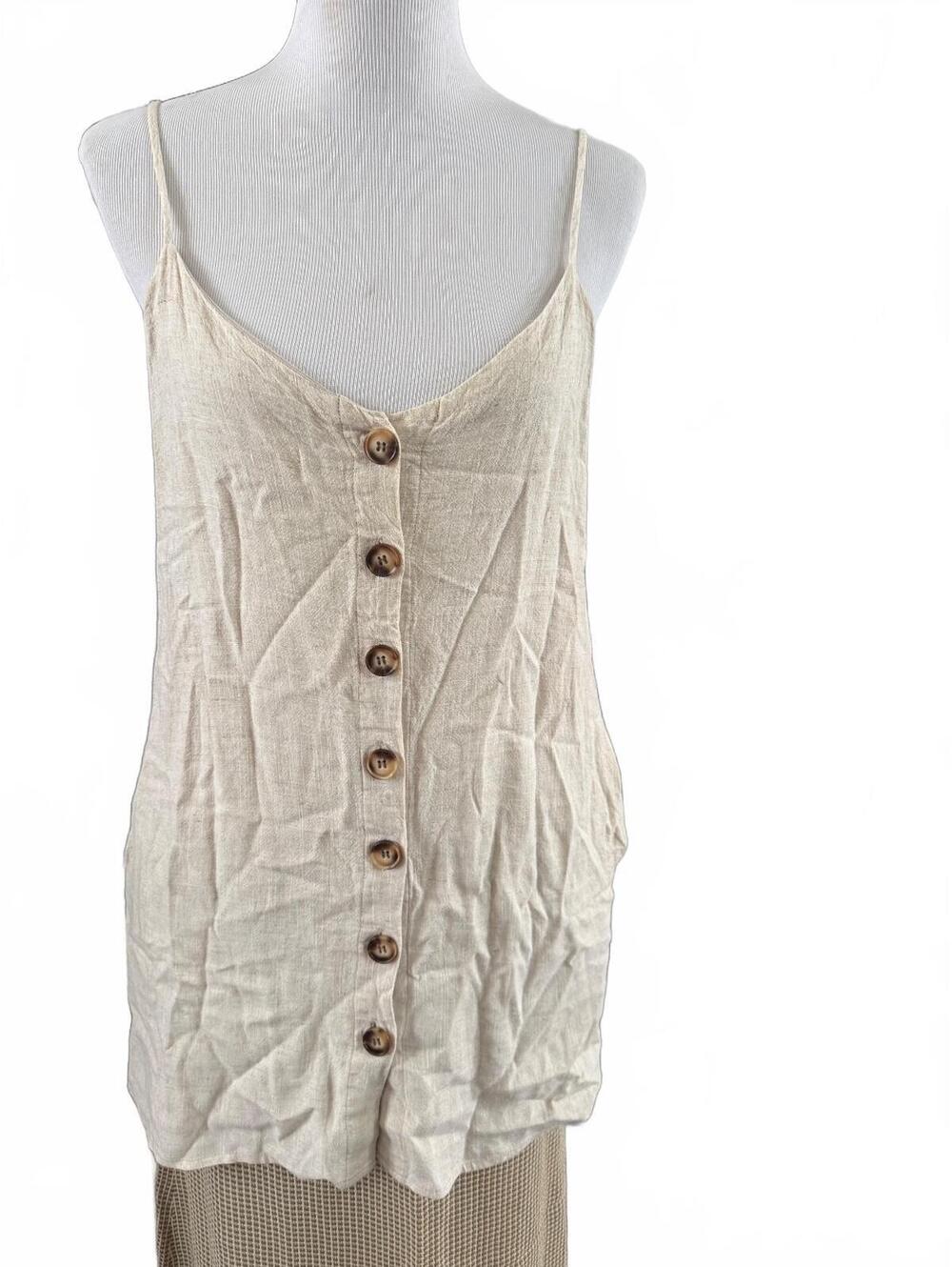Urban Daisy Womens Medium Beige Button Front Romper Linen Look Coastal Boho
